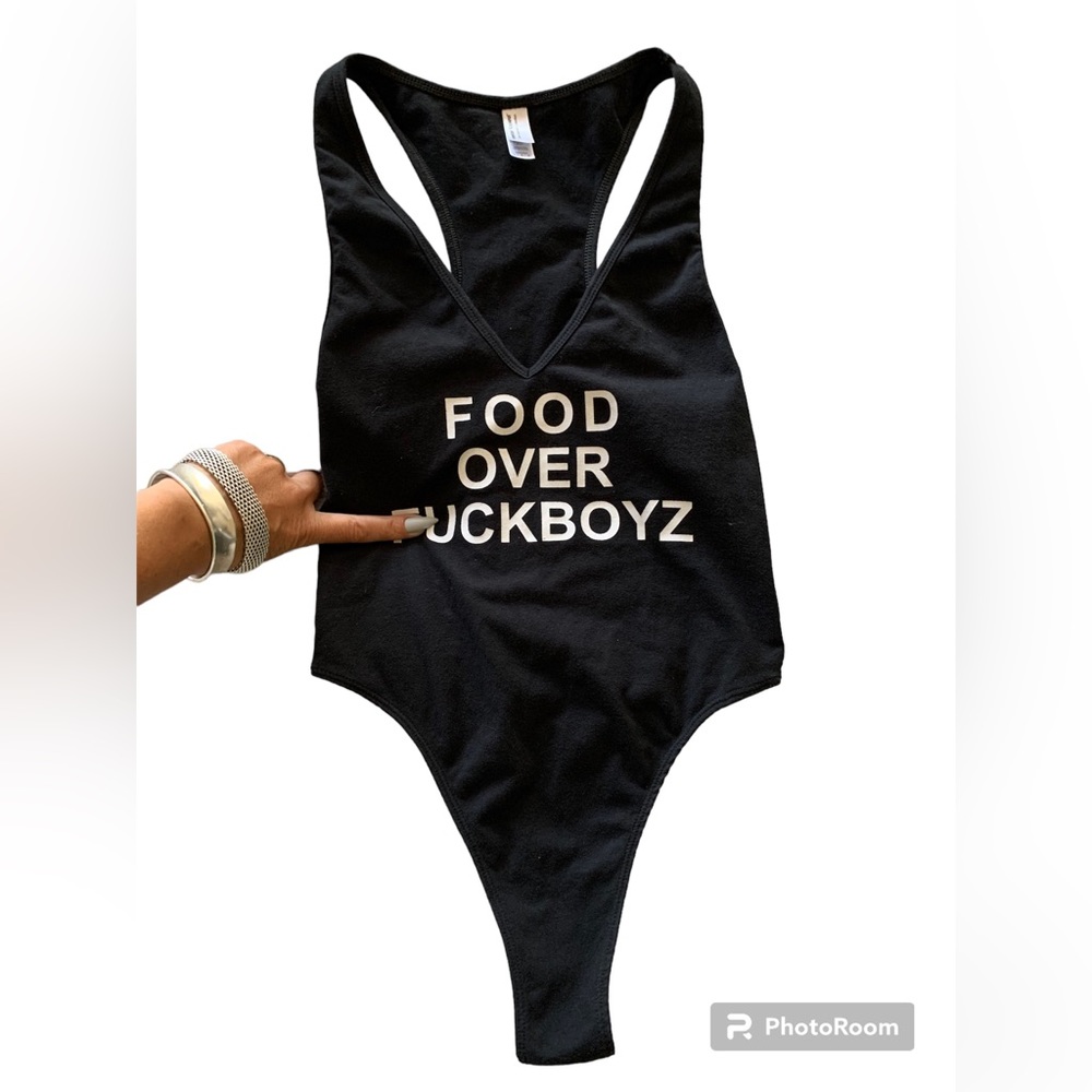 American Apparel Food Over Fuckboyz Bodysuit Black Graphic V-Neck Large
